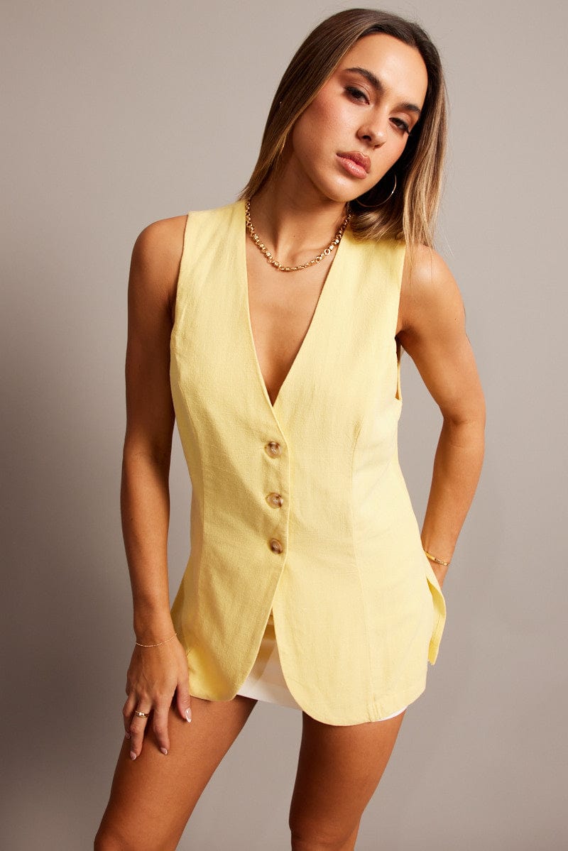 Yellow Linen Vest Longline V Neck Ally Fashion1