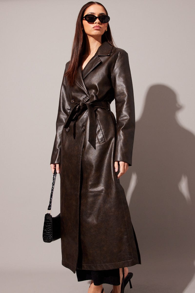 Brown Trench Coat Long Sleeves Faux Leather Ally Fashion