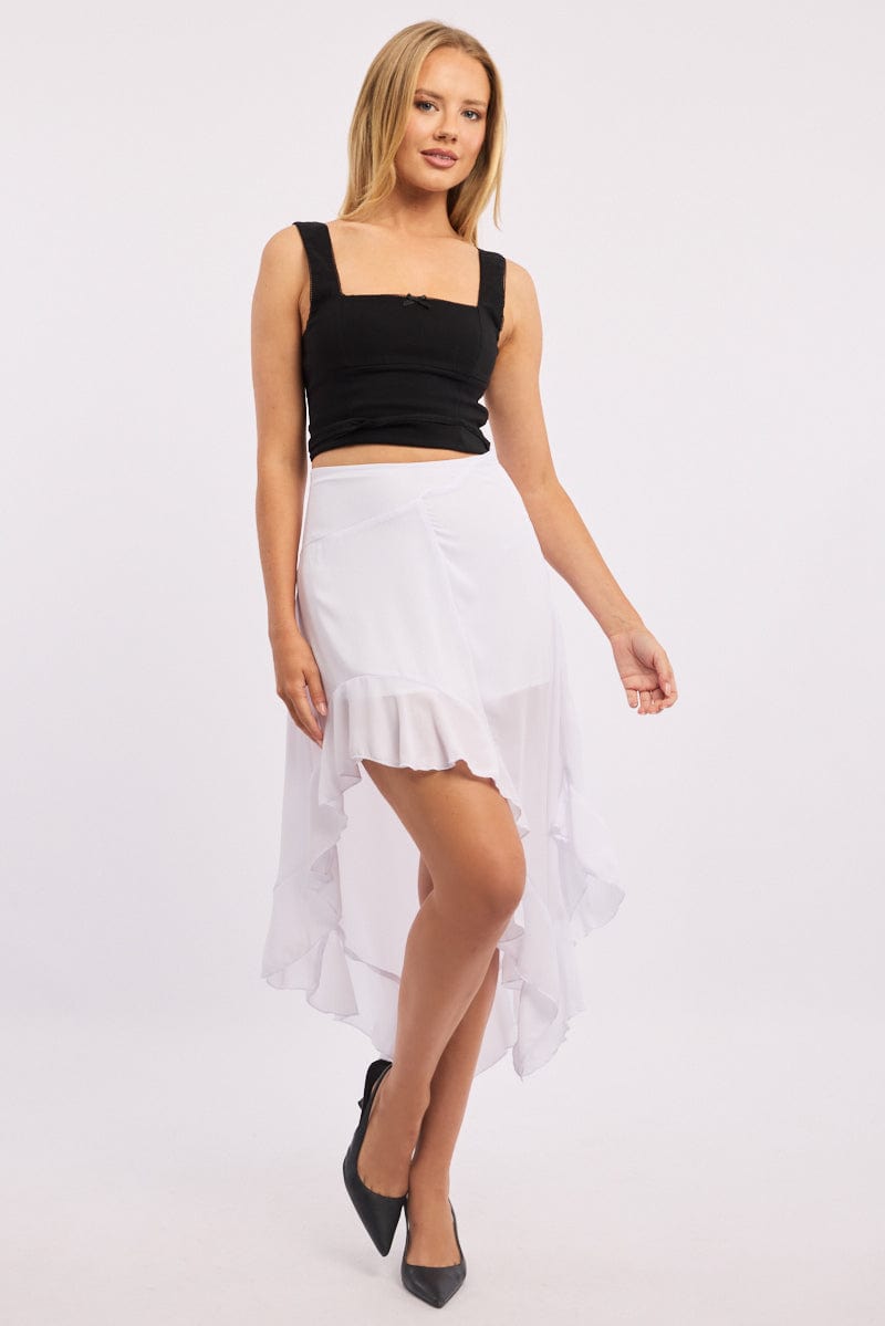 White Frill Skirt High Waisted High Low Midi Ally Fashion