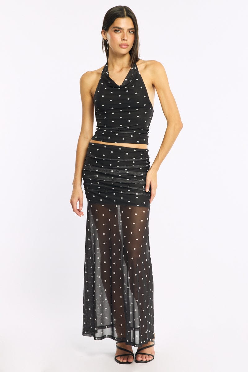Black Polka Dot Maxi Skirt Elastic Waist Gathered Fit & Flare Mesh