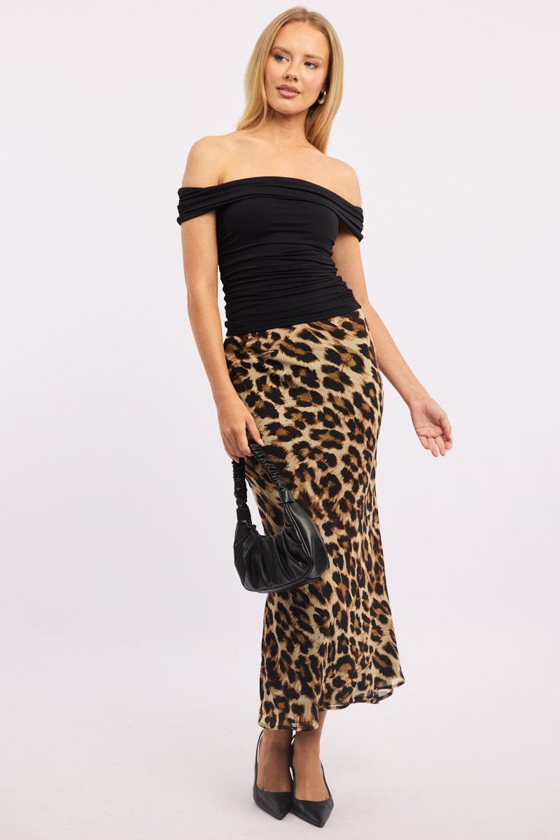 Brown Animal Print Slip Skirt High Rise Elastic Waist Maxi Ally