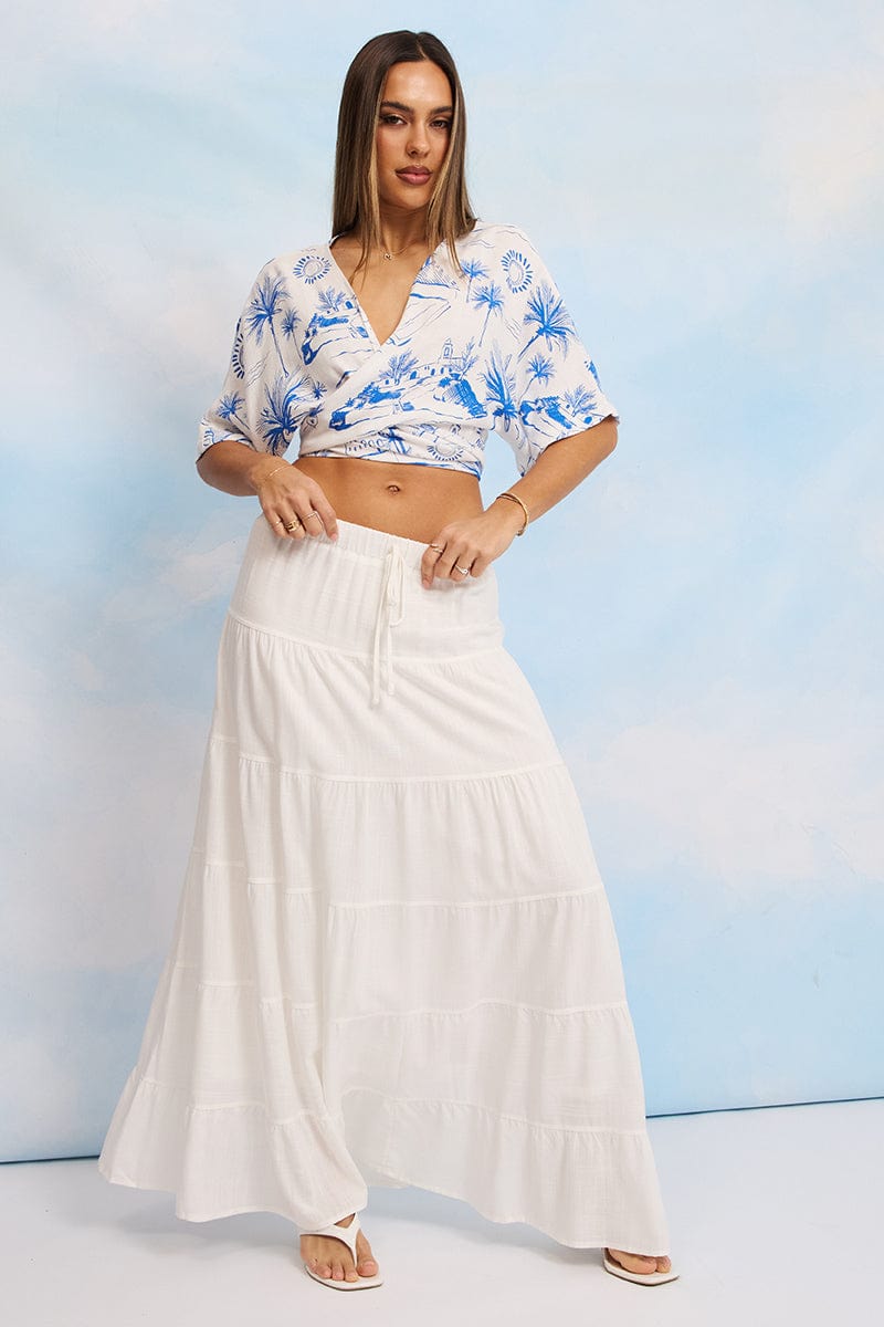 White Maxi Skirt Tiered High Rise Linen Blend Ally Fashion