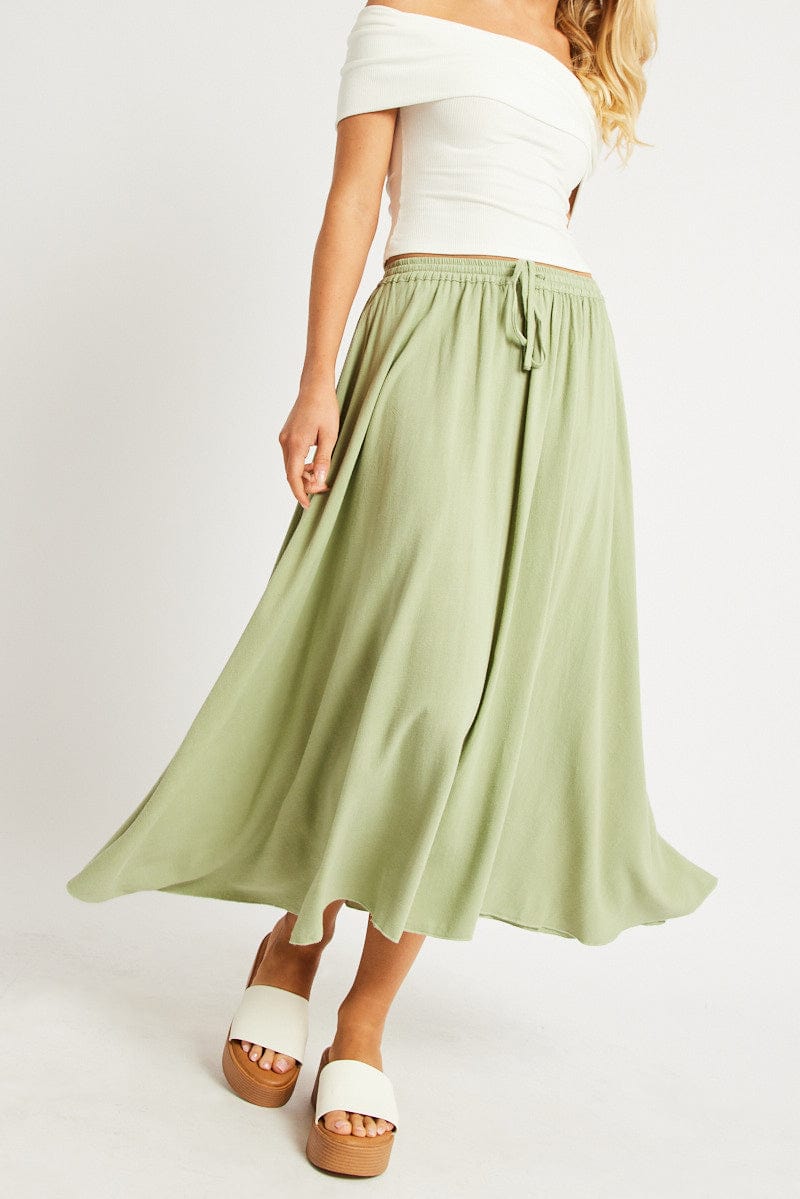 Green Midaxi Skirt High Rise Volume Linen Blend Ally Fashion