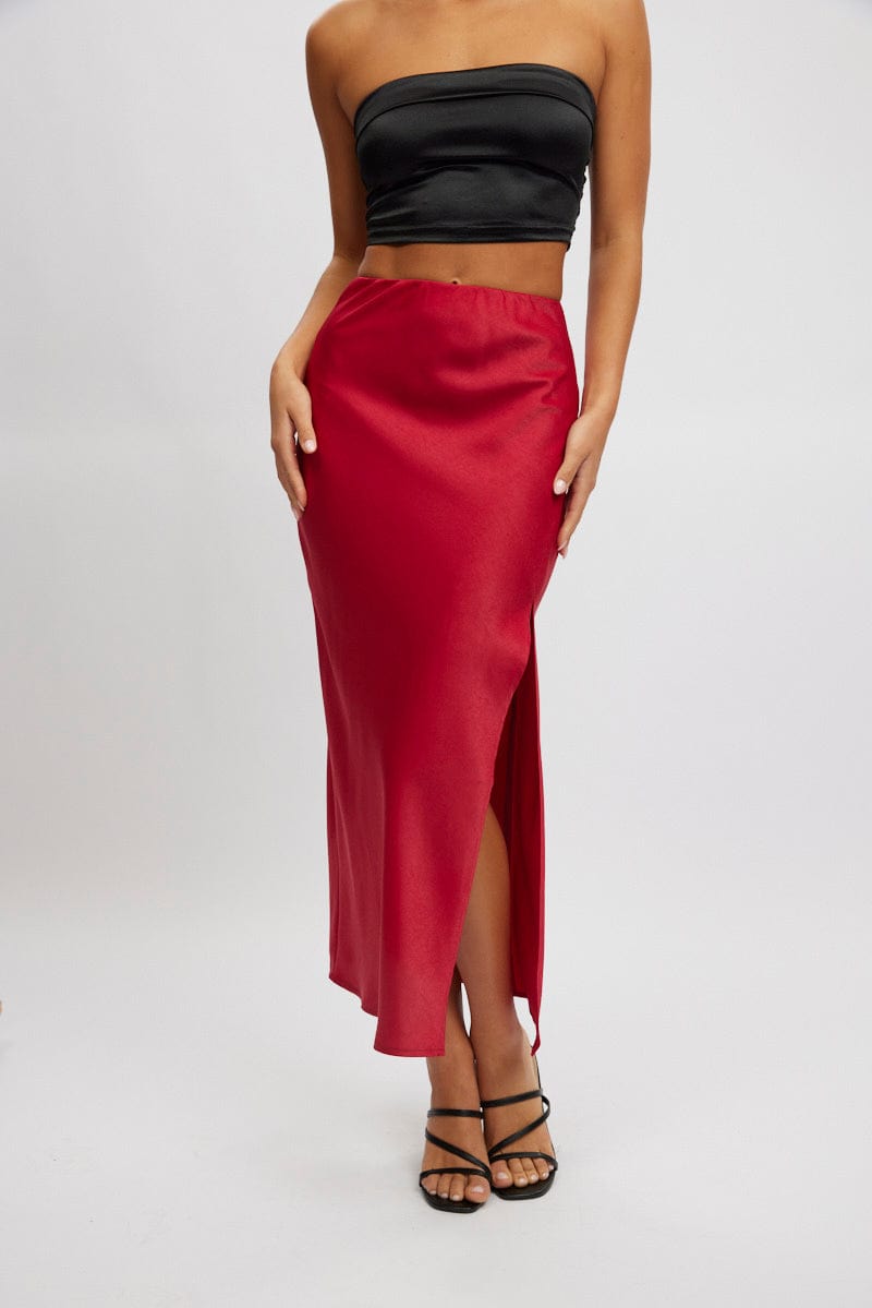 Red Slip Skirt High Waist Front Split Midaxi Satin Ally Fashion
