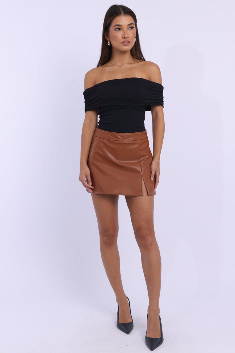 Beige PU Skort Skirt Mid Rise Mini Slight Stretch Ally Fashion