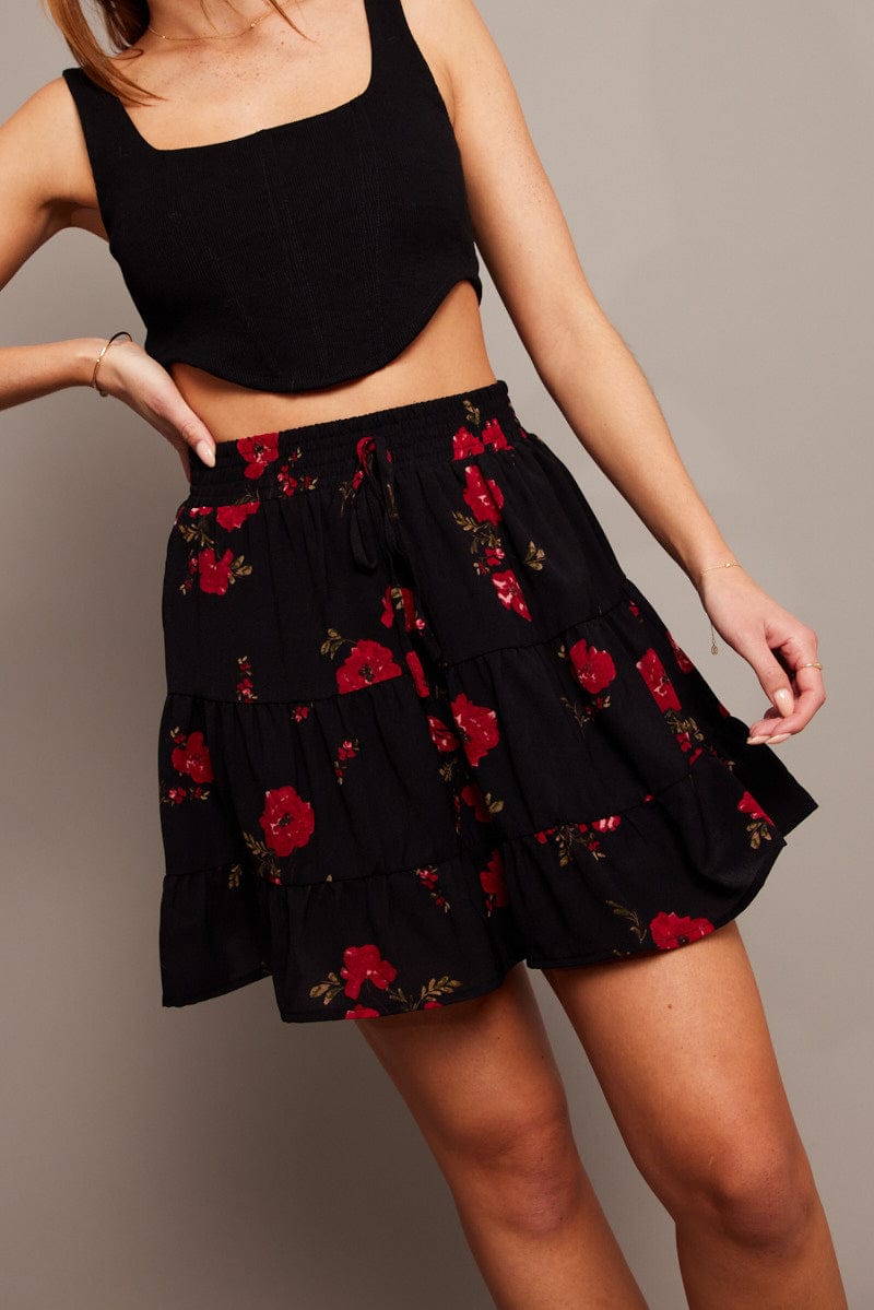 Black Floral Skater Skirt Mini Ally Fashion - Main Image