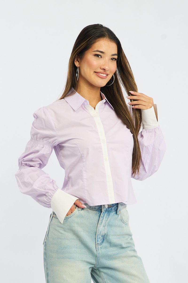 Purple Shirt Long Sleeve Collared Shirred Button Up | Ally Fashion Purple Shirt Long Sleeve Collared Shirred Button Up | Ally Fashion
