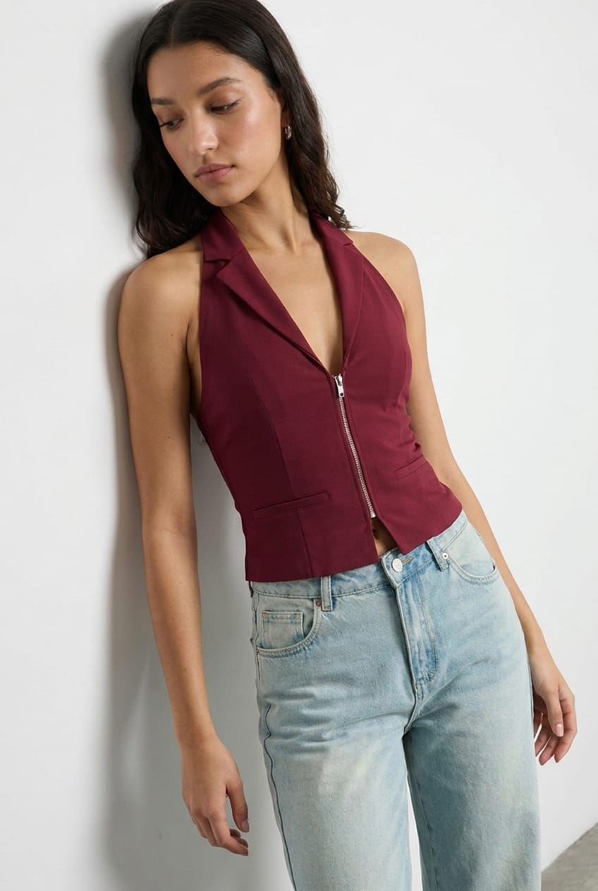 Red Collared Front Zip Halter Top | Ally Fashion