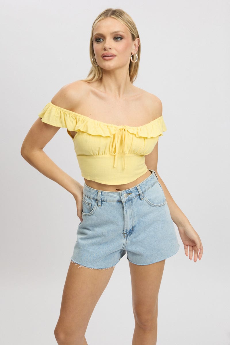 Yellow Crop Top Ruffle Off Shoulder Linen Blend Ally Fashion