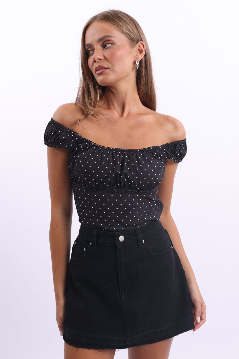 Black Polka Dot Tie Front Top Short Sleeve Lace Tape Detail Ally