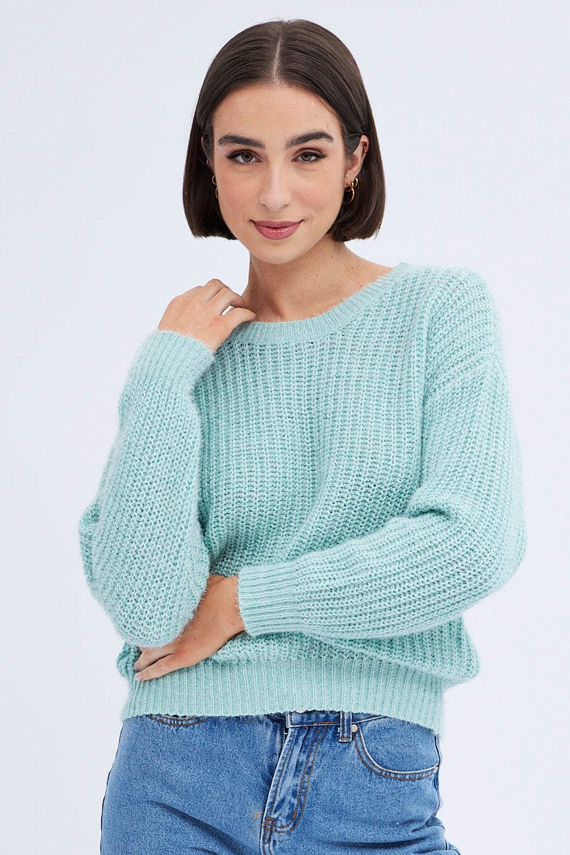 Women’s Green Knit Top Long Sleeve Round Neck Ally Fashion