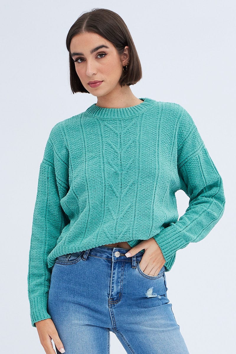 Women’s Green Knit Top Long Sleeve Crop Ally Fashion