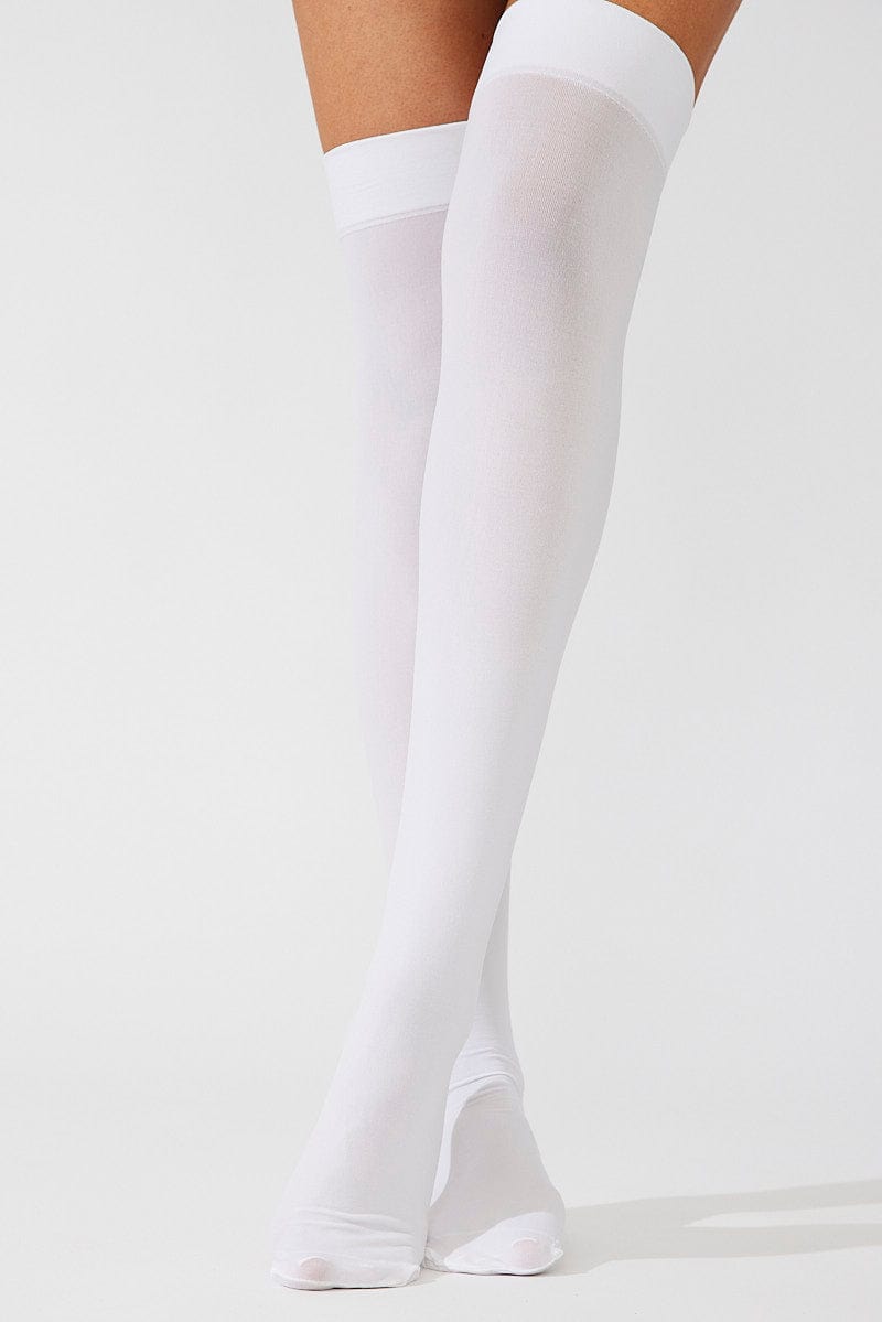Women's White Solid Over The Knee Socks