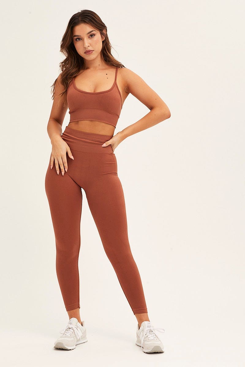 Brown Seamless Activewear Top And Pants Set