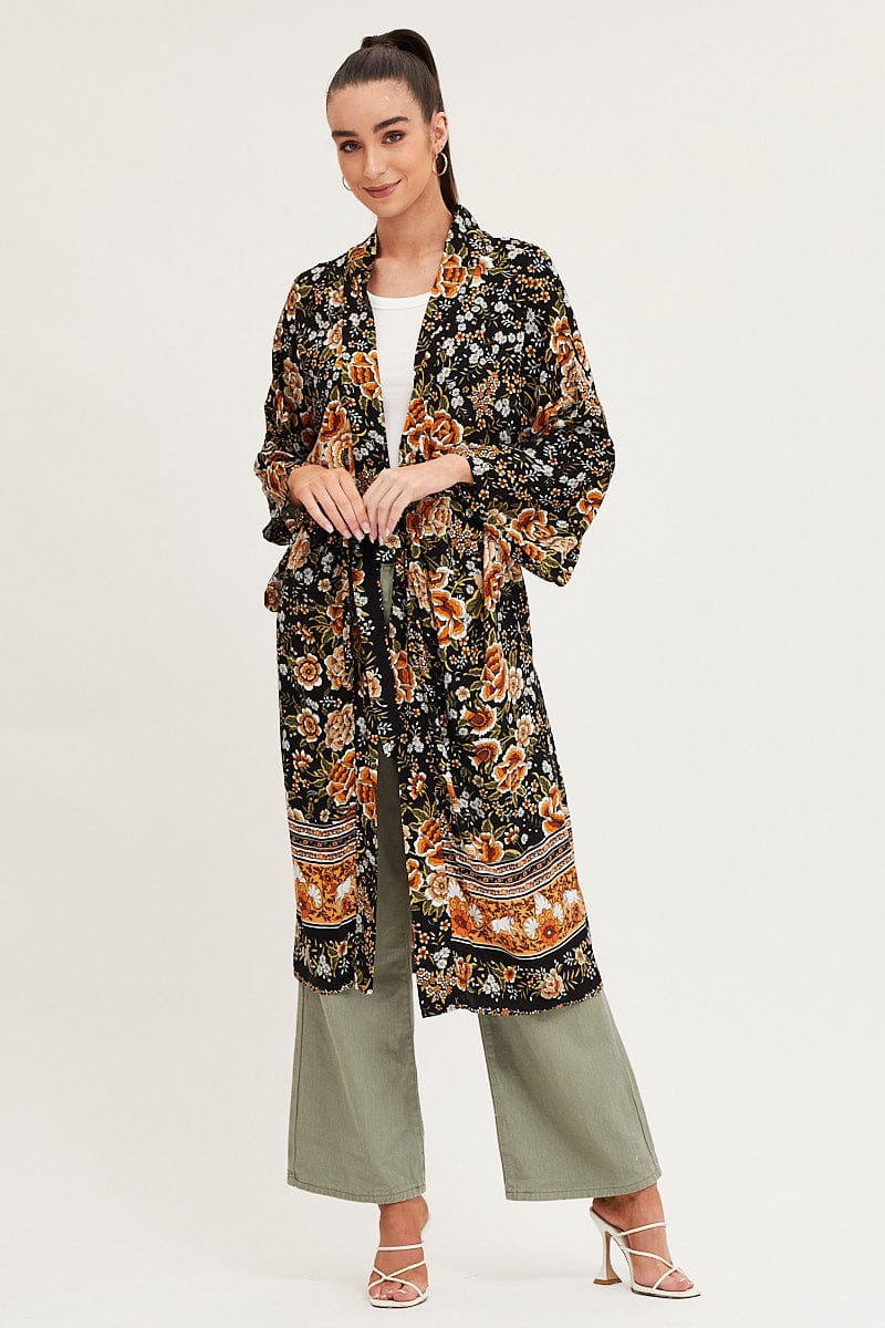 Women's Boho Print Long Sleeve Longline Kimono Ally Fashion