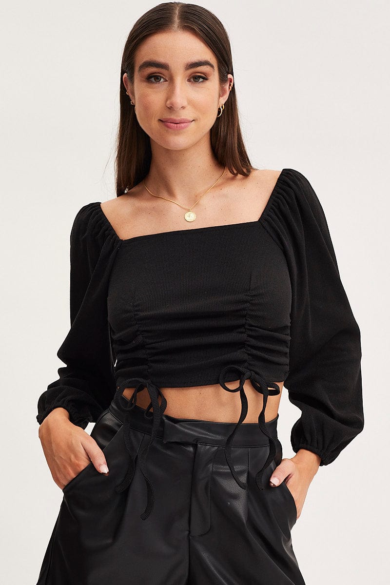 Women's Black Ruched Crop Top Long Sleeve