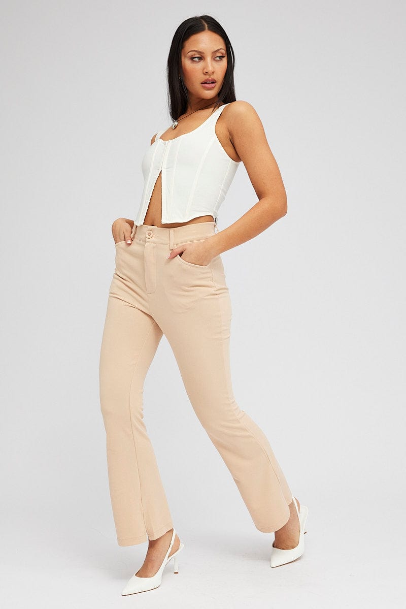 Women's Beige Flare Pants High Rise