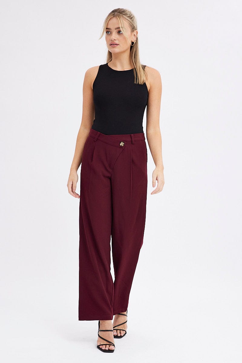 Red Wide Leg Pants Low Rise Cross over Waistband Ally Fashion