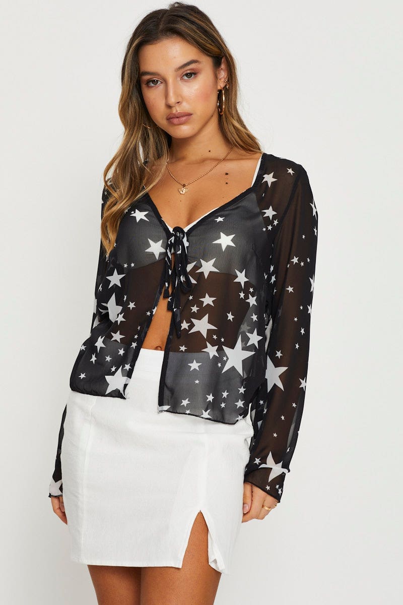 Women's Print Sheer Top Long Sleeve | Ally Fashion