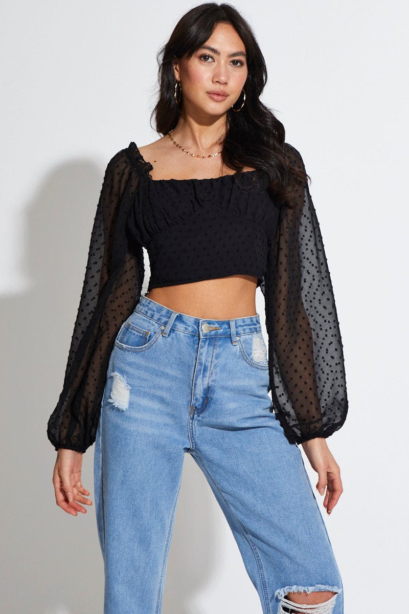 Women's Black Crop Top Long Sleeve Square Neck Ally Fashion
