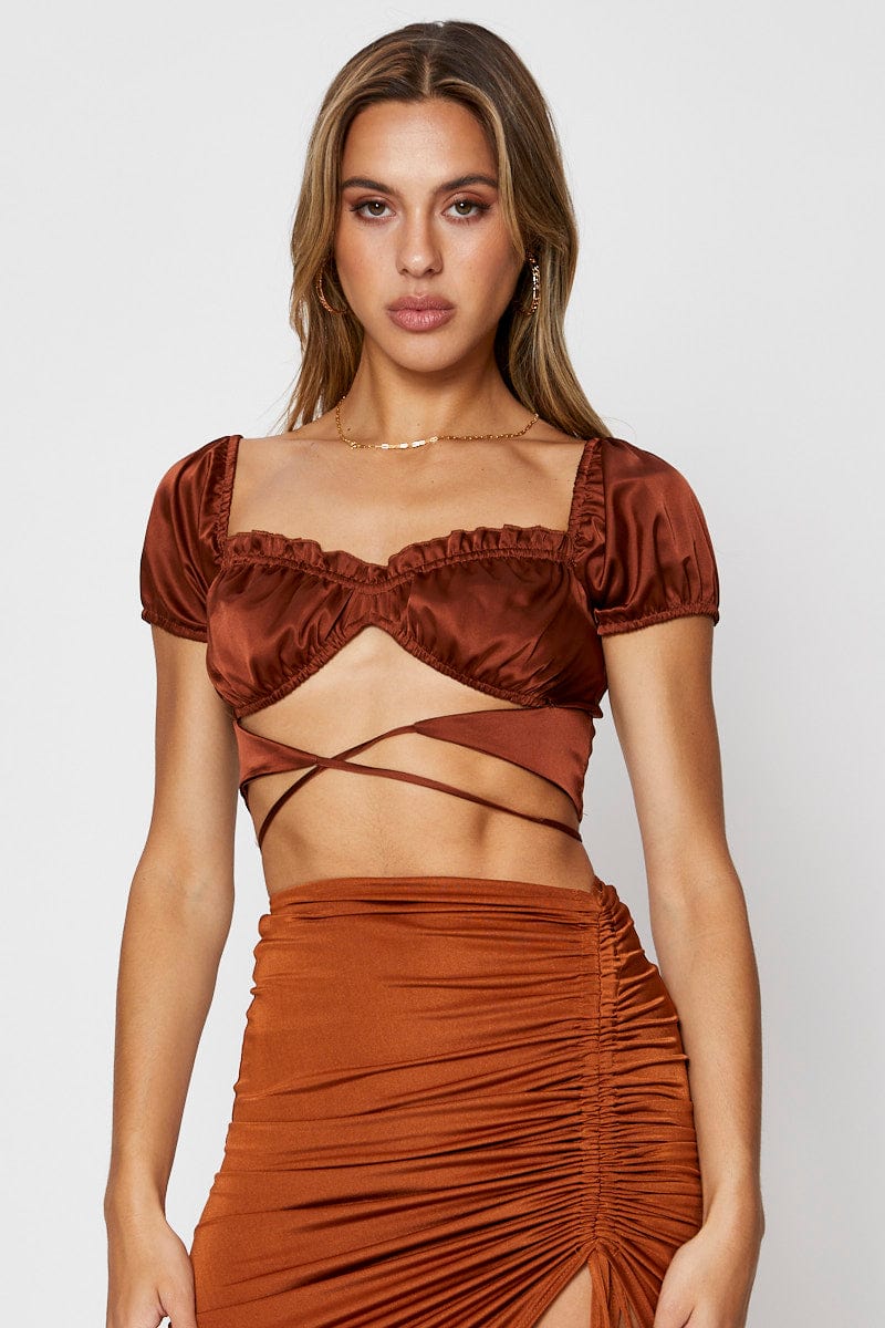 Women's Brown Crop Top Short Sleeve Tie Up Ally Fashion