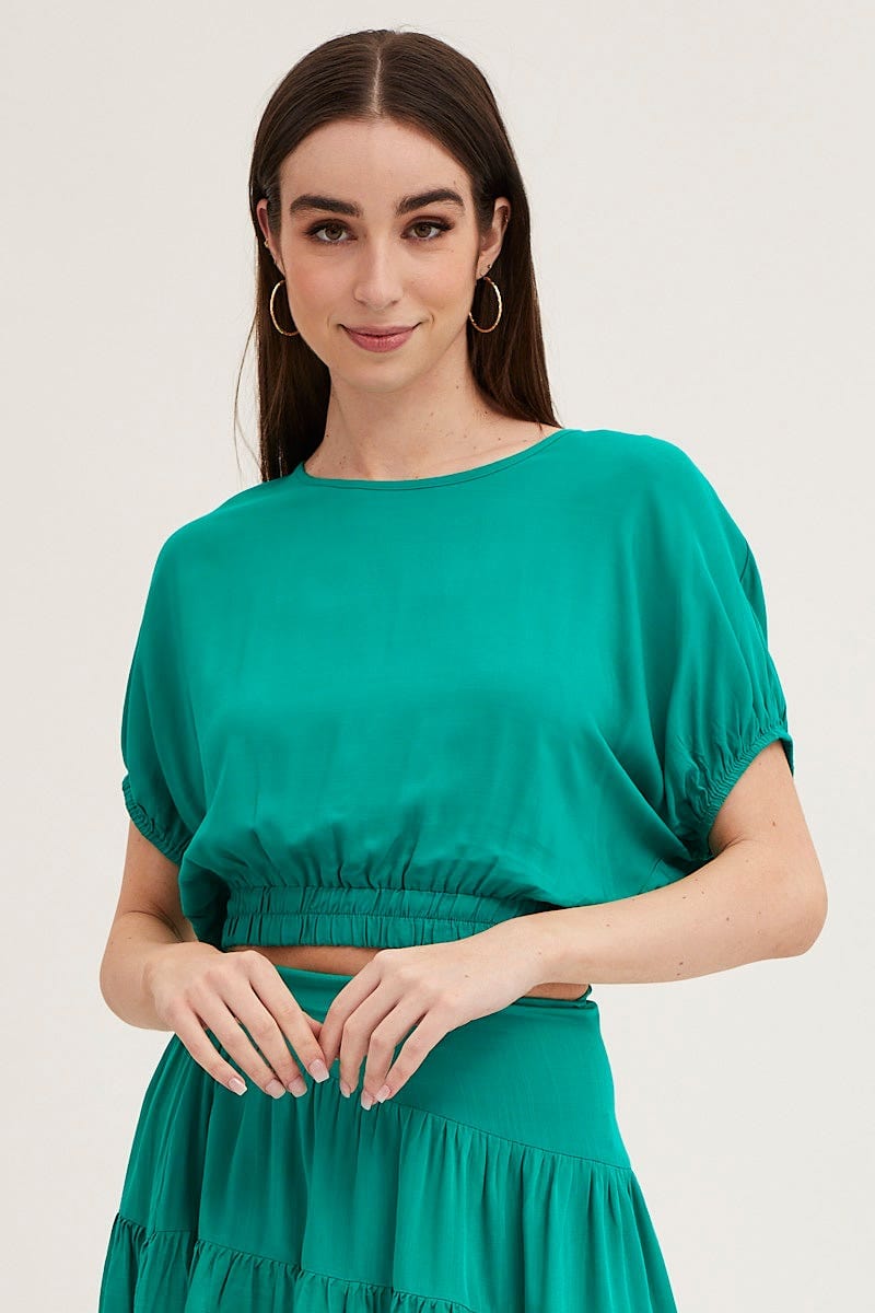 Women's Green Crop Top Short Sleeve Elasticated Waist | Ally Fashion Women's Green Crop Top Short Sleeve Elasticated Waist | Ally Fashion