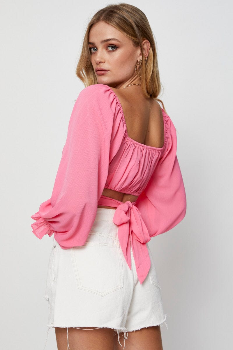 Women's Pink Crop Top Long Sleeve
