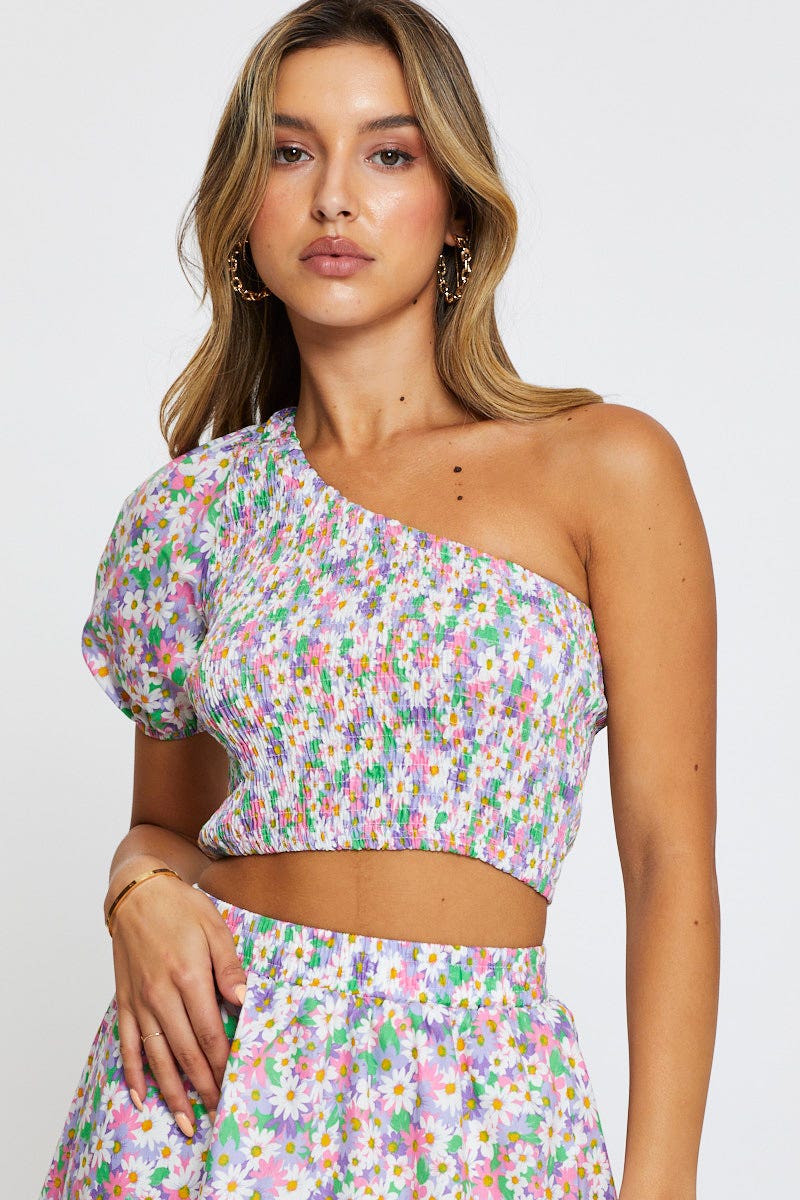 Women's Print Crop Top One Shoulder Ally Fashion