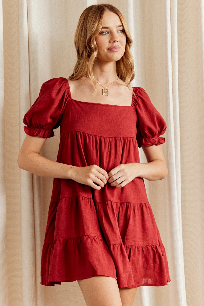 Women's Brown Fit And Flare Dress Short Sleeve Square Neck | Ally Fashion Women's Brown Fit And Flare Dress Short Sleeve Square Neck | Ally Fashion