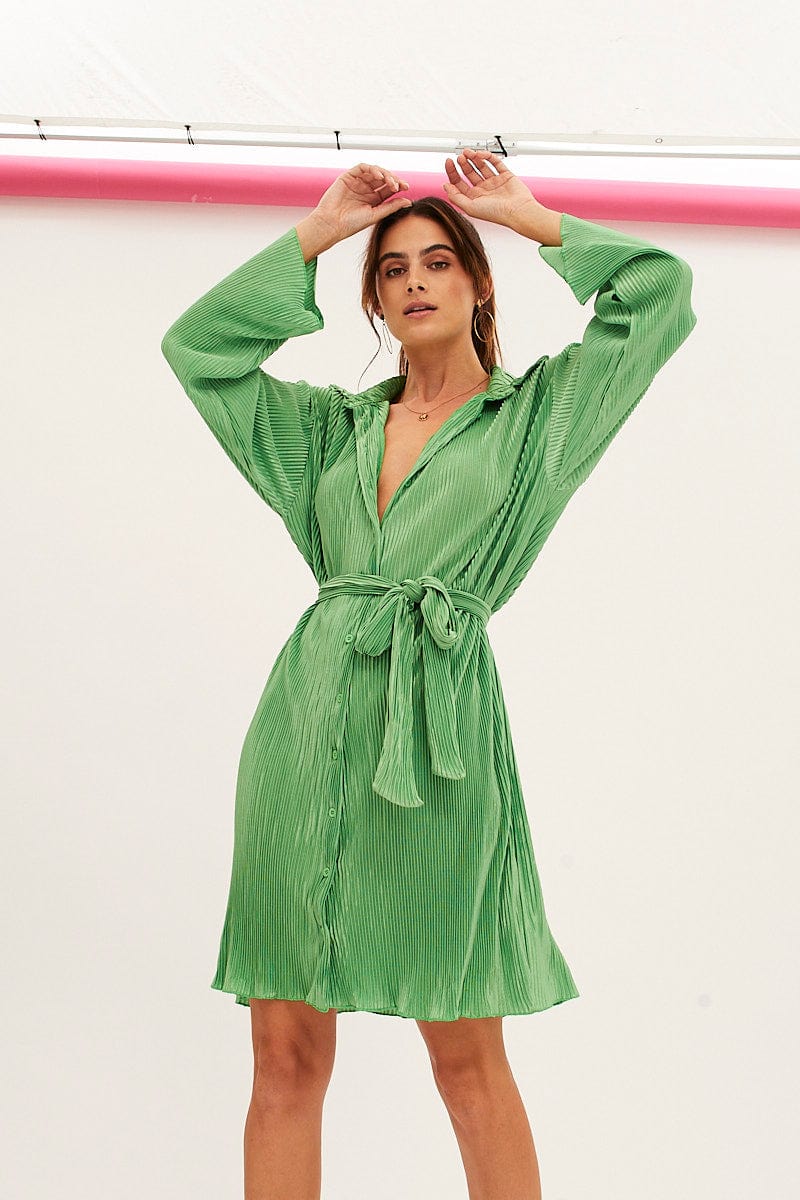 Green Plisse Shirt Dress Front Button | Ally Fashion Green Plisse Shirt Dress Front Button | Ally Fashion