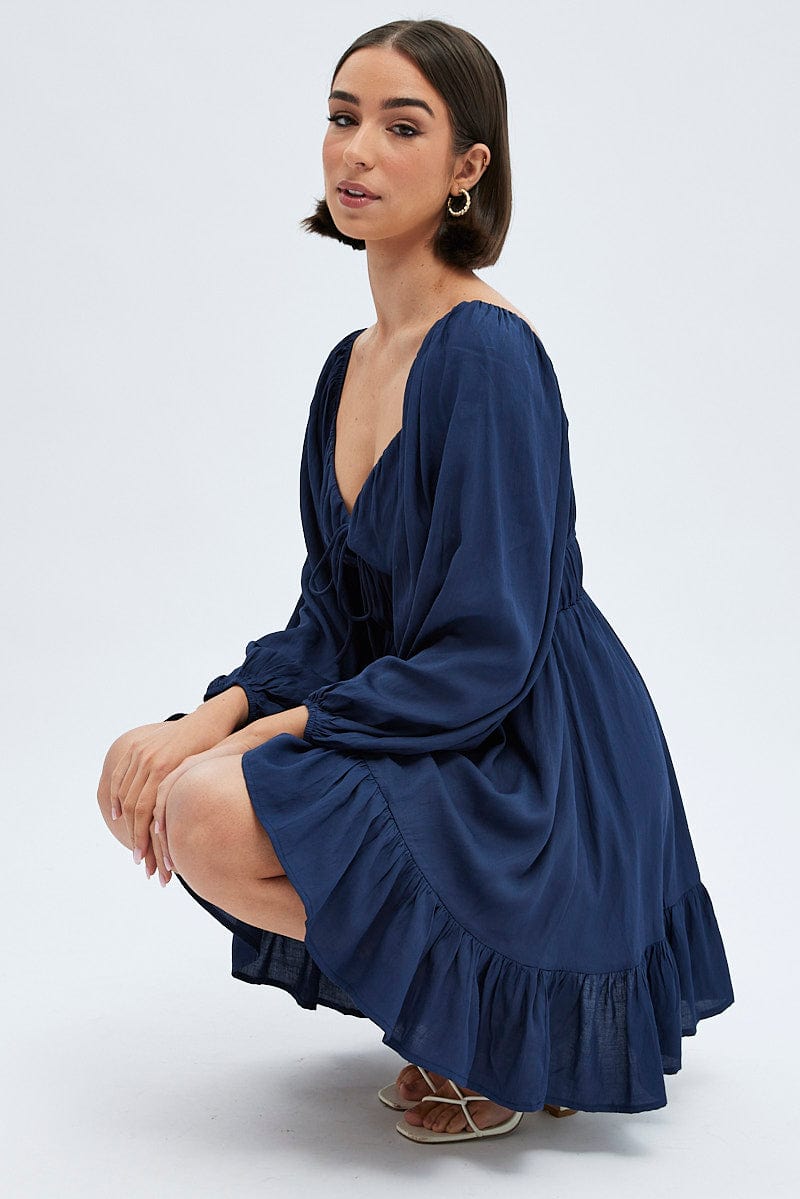Blue Fit and Flare Dress Long Sleeve Cut Out | Ally Fashion Blue Fit and Flare Dress Long Sleeve Cut Out | Ally Fashion