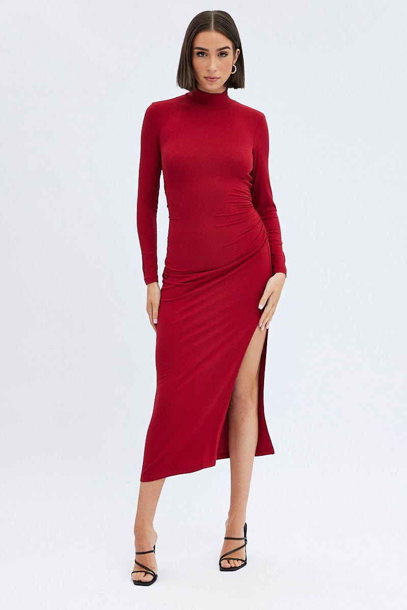 Red Midi Dress Long Sleeve High Neck Rib Jersey | Ally Fashion Red Midi Dress Long Sleeve High Neck Rib Jersey | Ally Fashion