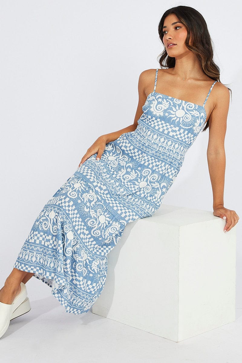 Blue Abstract Plisse Low Back Strappy Maxi Dress