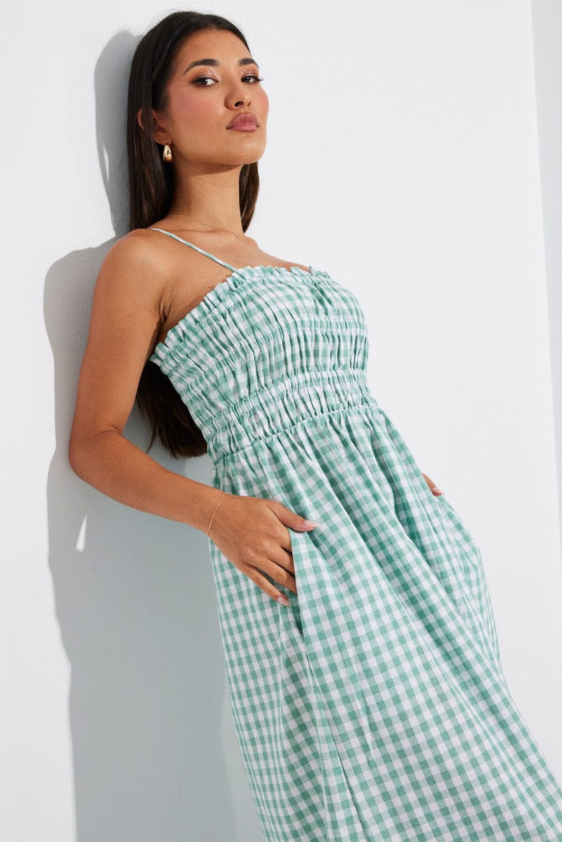 Green Check Maxi Dress Sleeveless Shirred