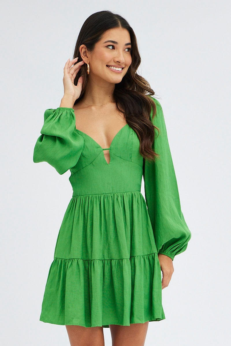 Green Fit And Flare Dress Long Sleeve Mini | Ally Fashion Green Fit And Flare Dress Long Sleeve Mini | Ally Fashion