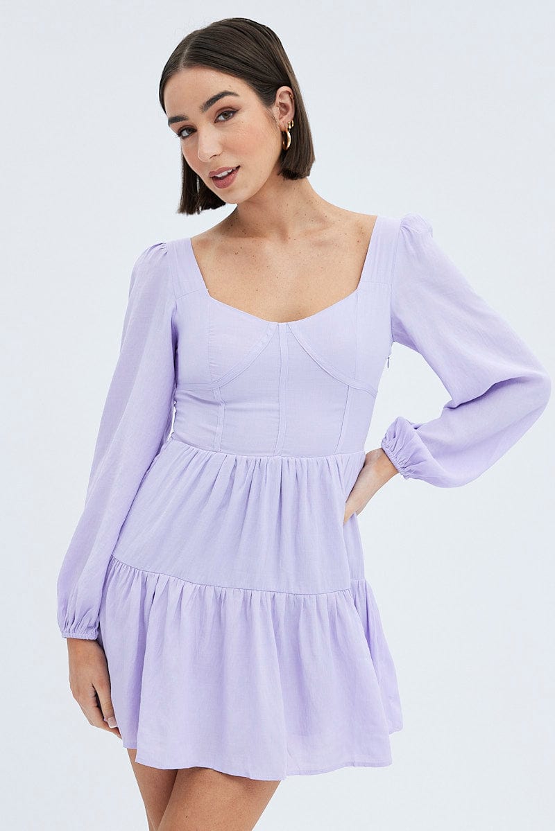 Purple Fit And Flare Dress Long Sleeve Mini Ally Fashion