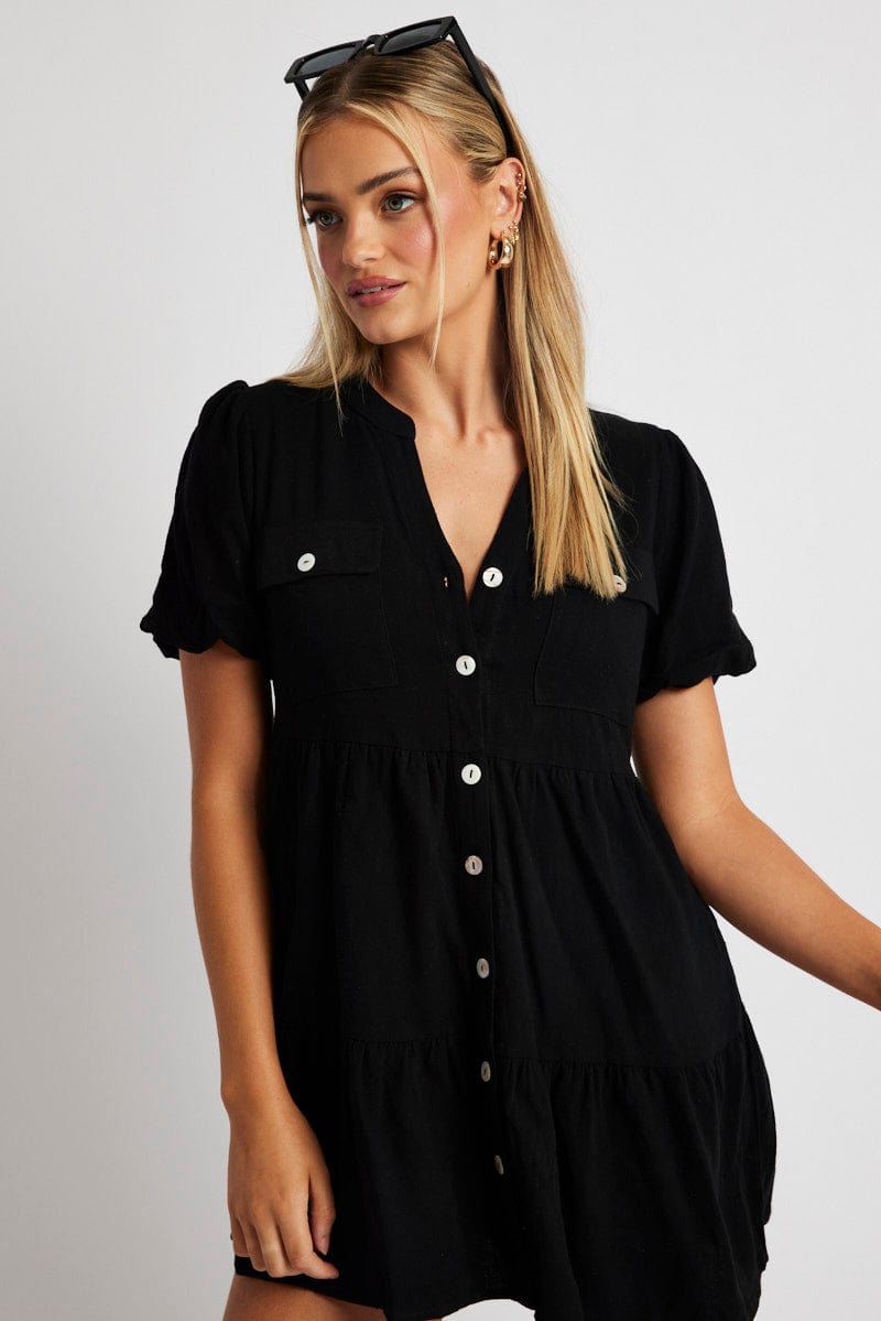 Black Button Through Mini Dress Collar Linen Blend | Ally Fashion Black Button Through Mini Dress Collar Linen Blend | Ally Fashion