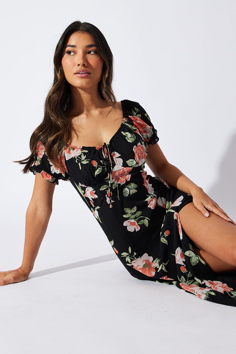 Selling below retail** Hollister Black Puff Sleeve Off Shoulder Floral  Dress Size Medium, Women's Fashion, Dresses & Sets, Dresses on Carousell