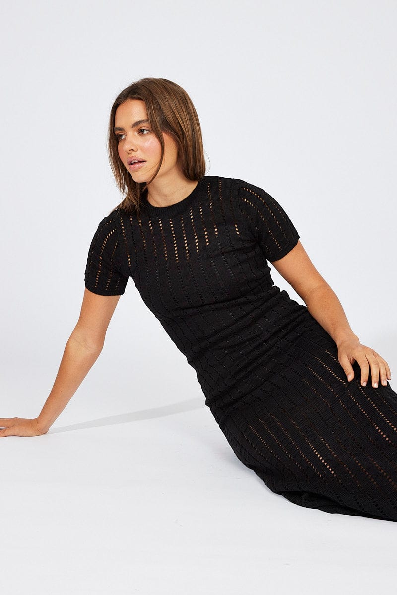 short sleeve crochet maxi dress Short Sleeve Corset A Line Crochet Maxi Dress Black
