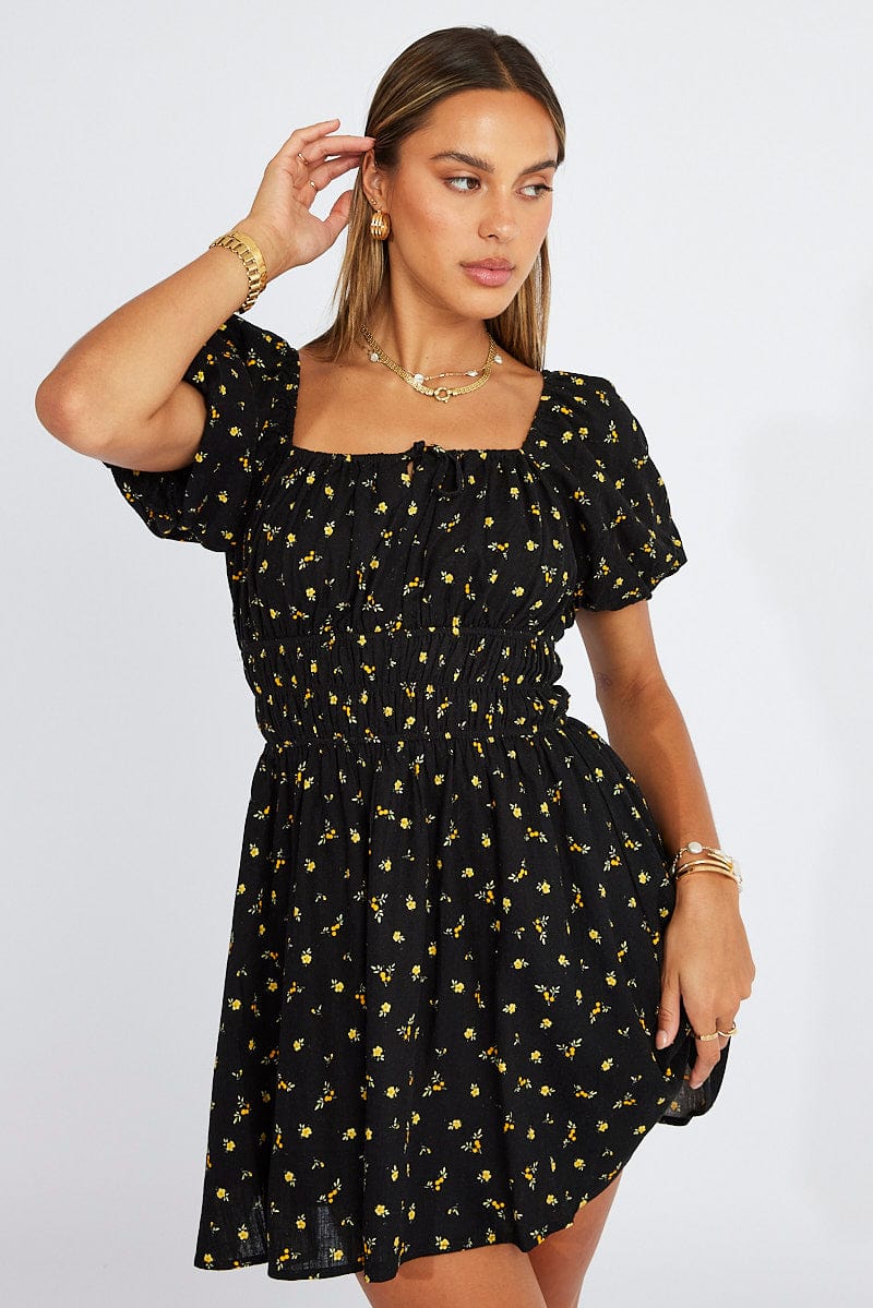 Black Floral Fit And Flare Dress Puff Sleeve Mini | Ally Fashion