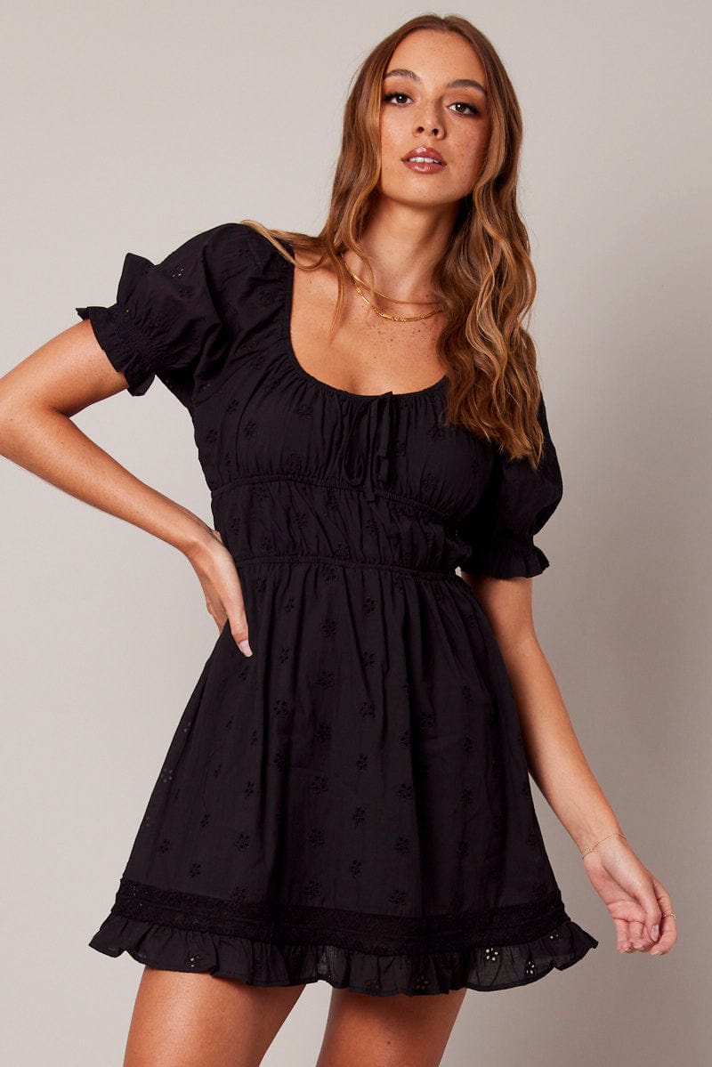 Black Fit And Flare Dress Puff Sleeve | Ally Fashion Black Fit And Flare Dress Puff Sleeve | Ally Fashion