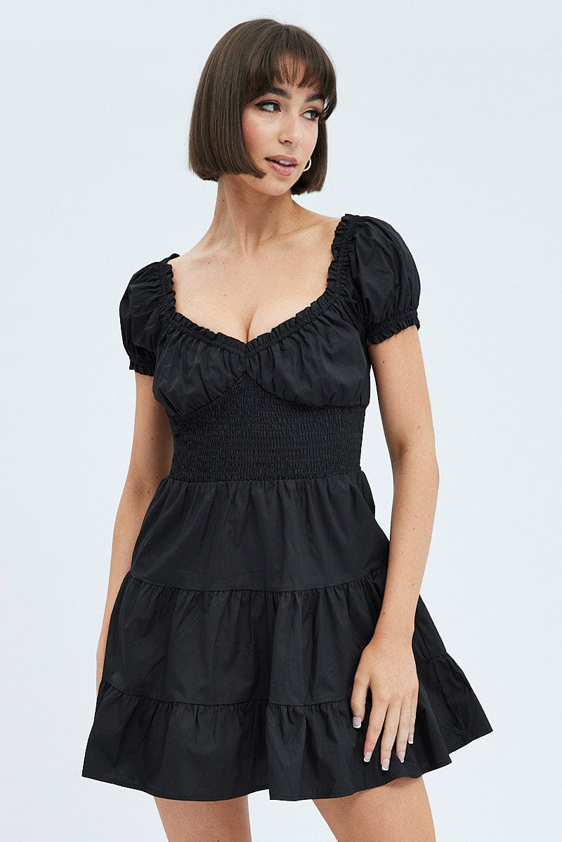 Black Fit and Flare Dress Short Sleeve Shirred | Ally Fashion Black Fit and Flare Dress Short Sleeve Shirred | Ally Fashion