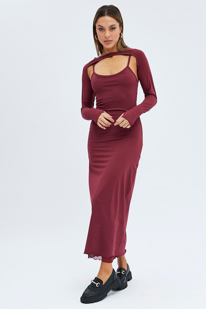 Red Shrug Dress Set Long Sleeve Maxi Bodycon Jersey Ally Fashion