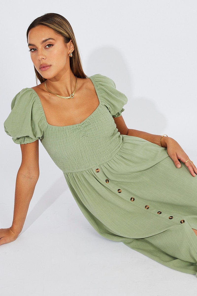 Puff Sleeve Square Neck Midi Dress