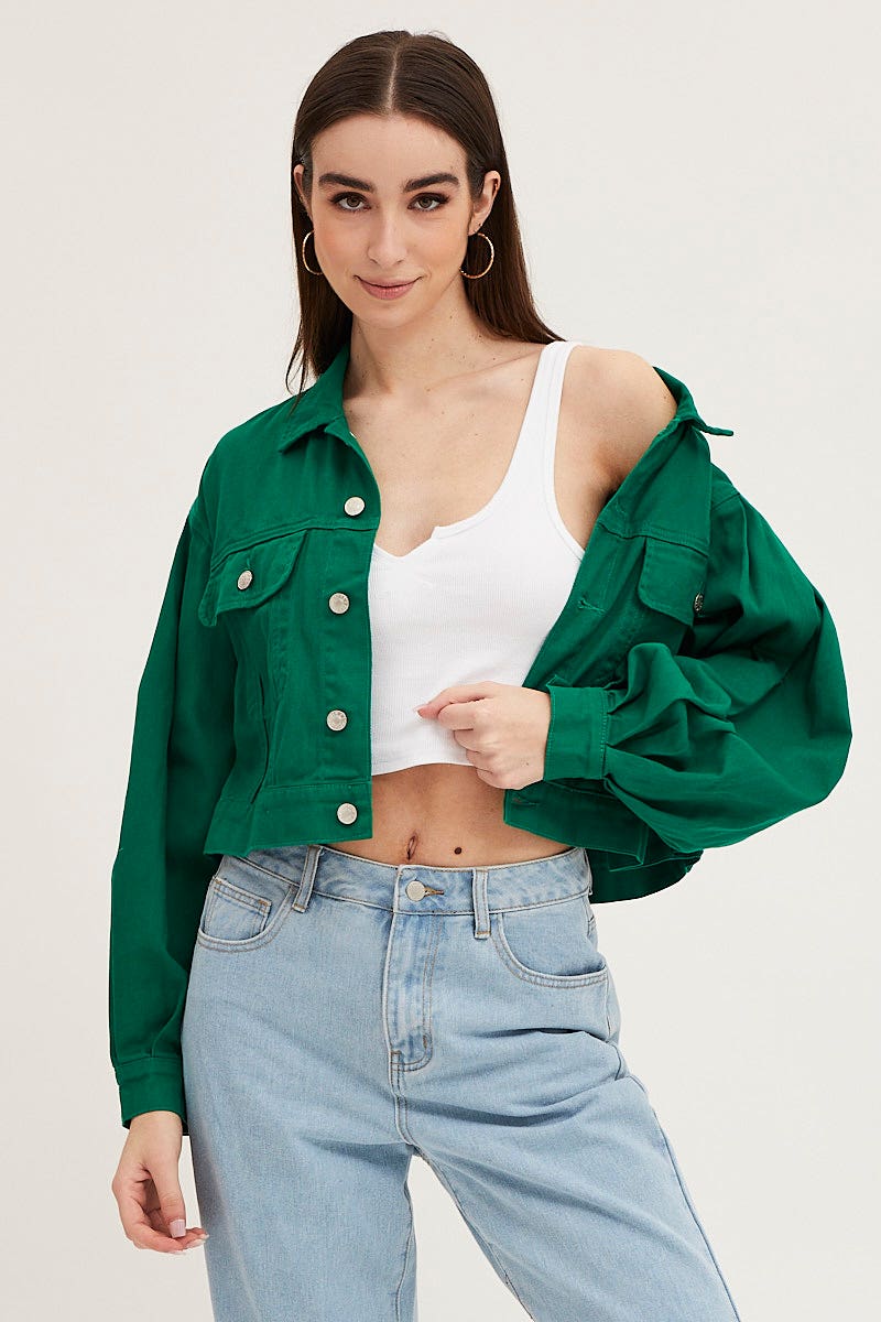 Women's Green Long Sleeve Cropped Denim Jacket