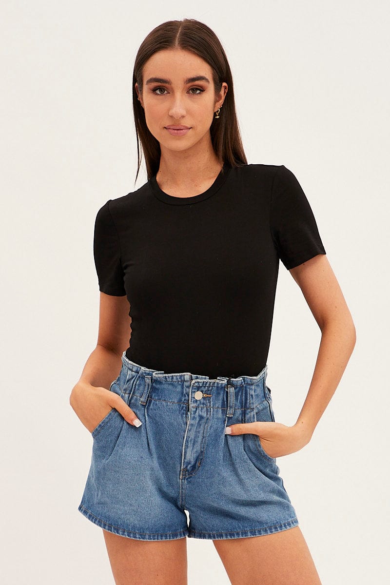 Blue Paperbag Denim Shorts High Rise Ally Fashion