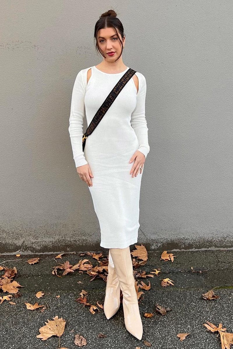 White Midi Dress Long Sleeve Keyhole Bodycon Rib Knit Ally Fashion
