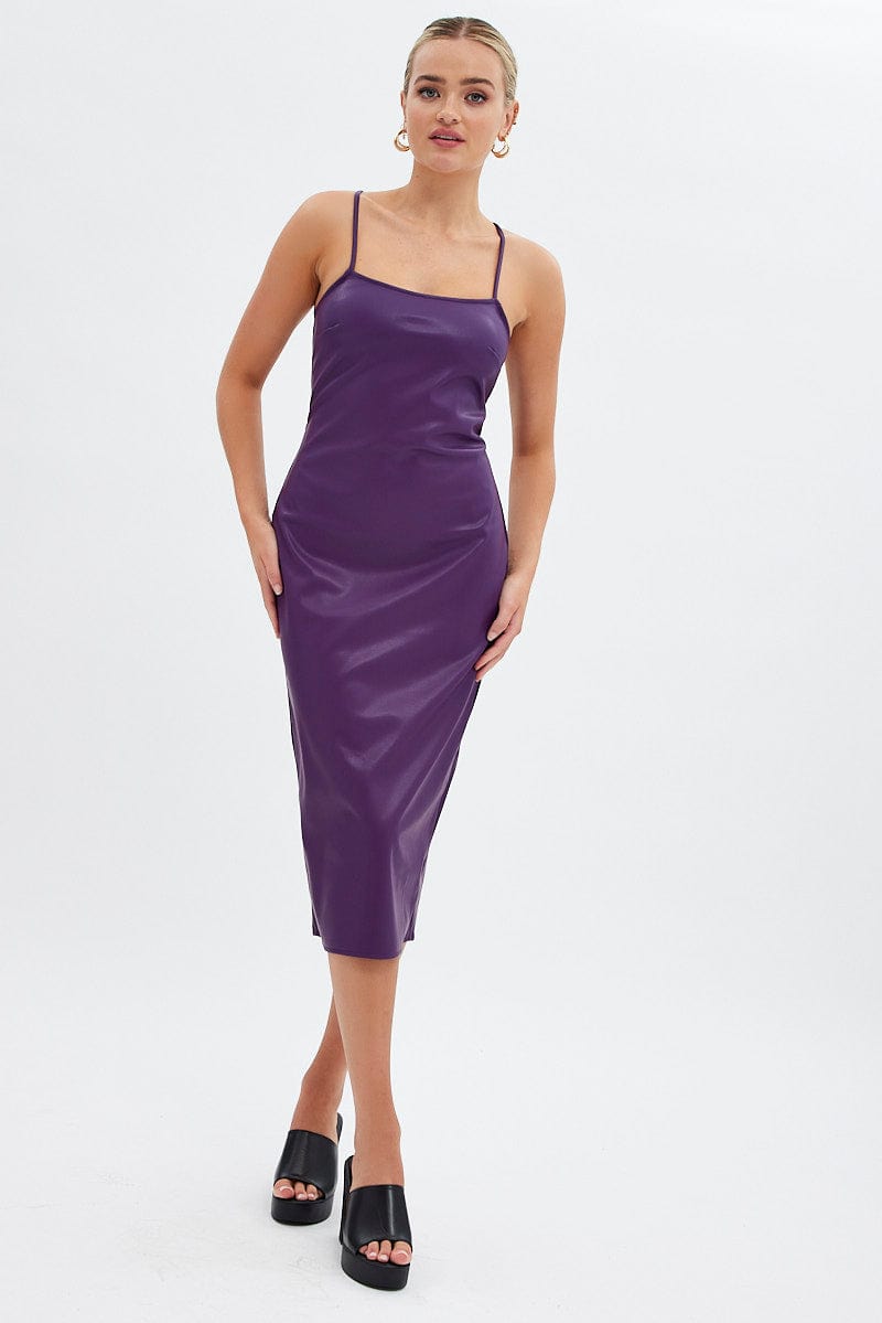 Purple Faux Leather Dress Sleeveless Scoop Neck Midi | Ally Fashion Purple Faux Leather Dress Sleeveless Scoop Neck Midi | Ally Fashion