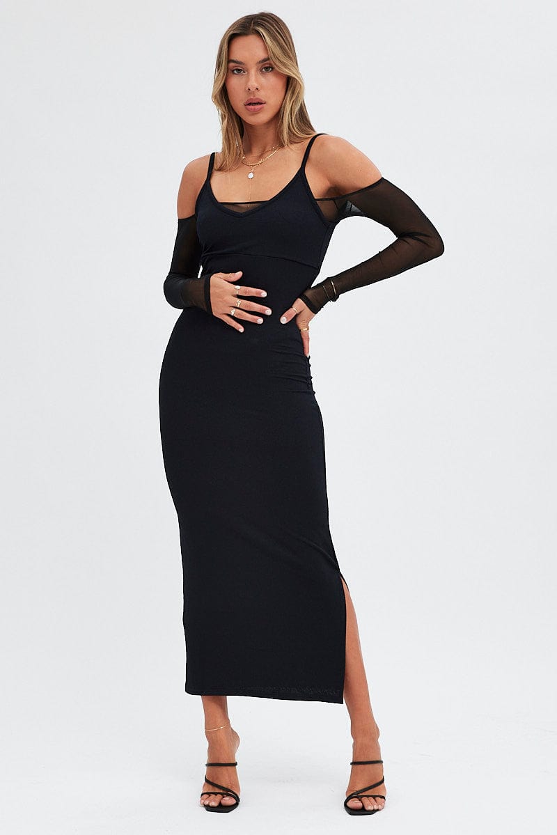 Long black best sale cold shoulder dress