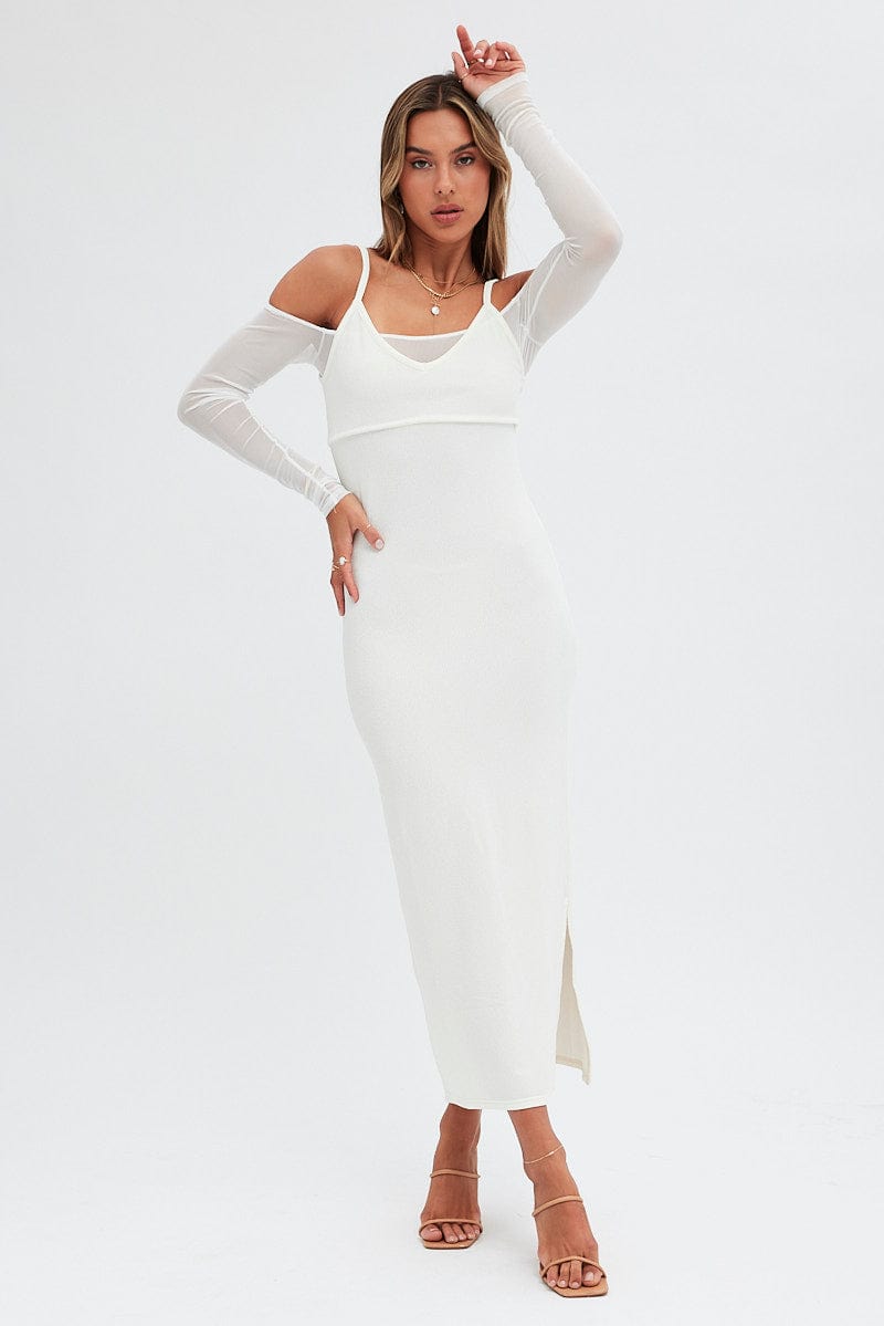 White Maxi Dress Long Sleeve Cold Shoulder Mesh Textured | Ally Fashion White Maxi Dress Long Sleeve Cold Shoulder Mesh Textured | Ally Fashion